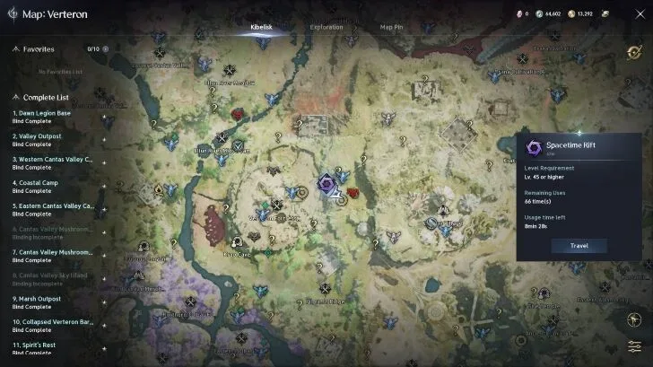 Verteron map showing the purple Spacetime Rift marker and entry panel