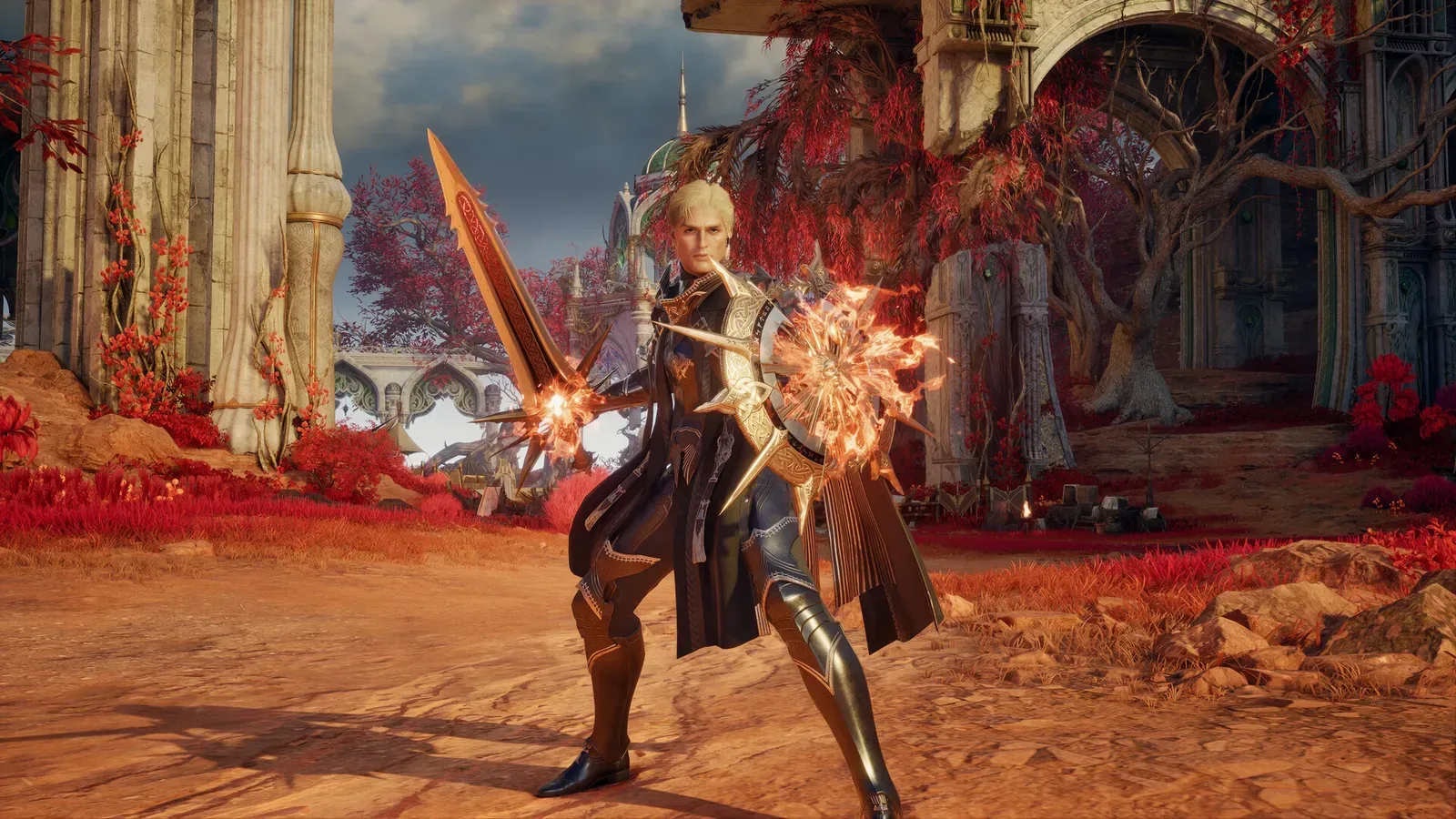 AION 2 armored sword-and-shield warrior in a red-leafed ruin