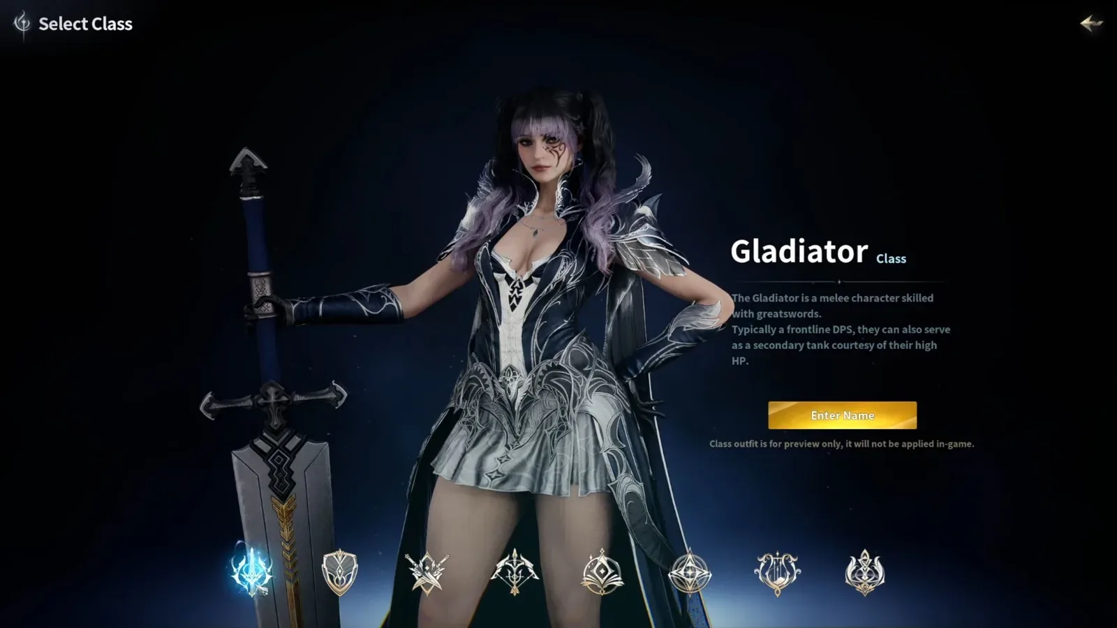 AION 2 class selection screen showing a finished character preview