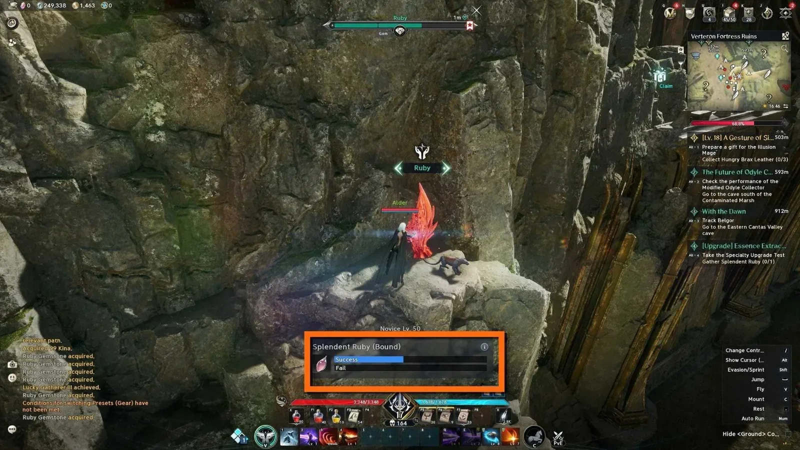 AION 2 gameplay screen showing Splendent Ruby (Bound) and the Essence Extraction upgrade objective