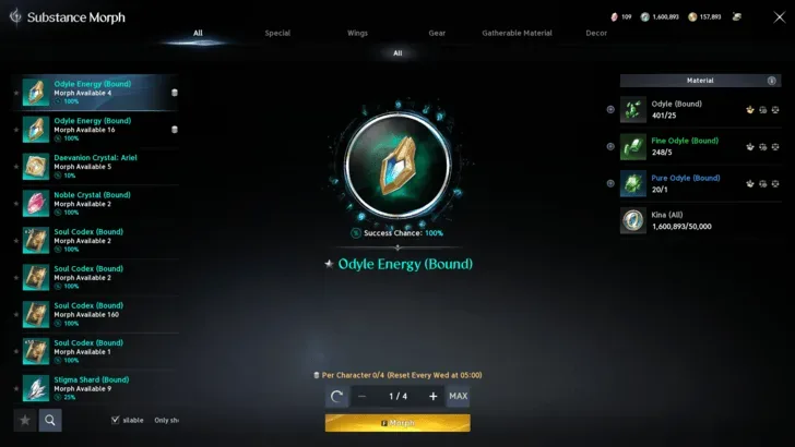 AION 2 Substance Morph interface with the Odyle Energy (Bound) recipe selected