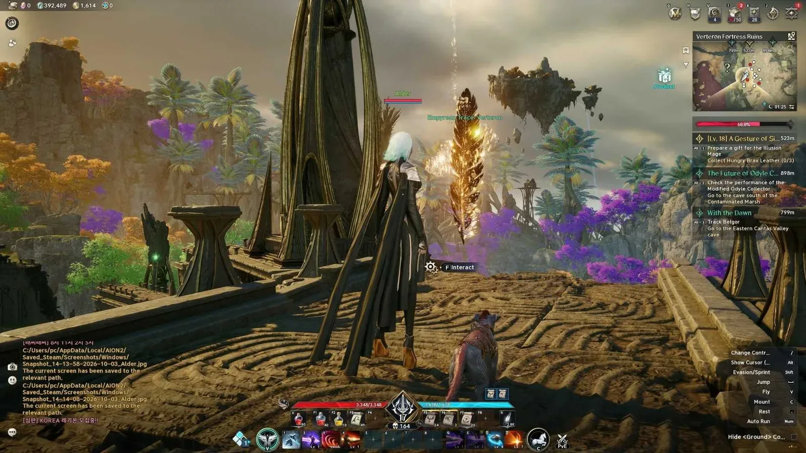 AION 2 character standing beside a glowing Empyrean Trace feather with the feather visible on the minimap