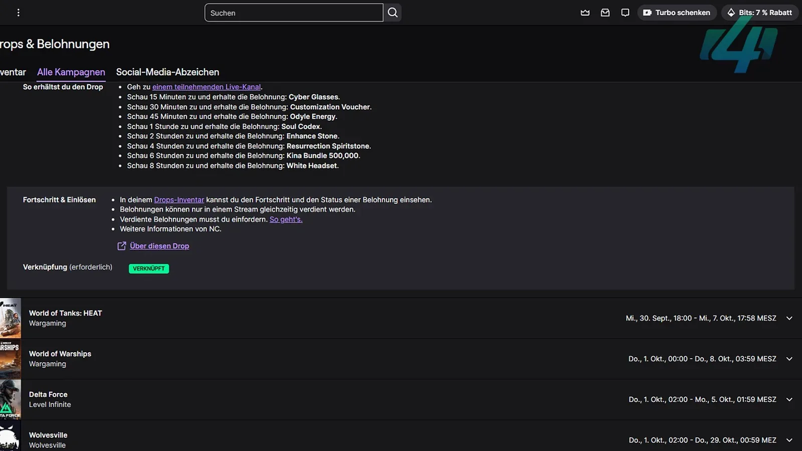 AION 2 Twitch Drops campaign page showing the account as connected