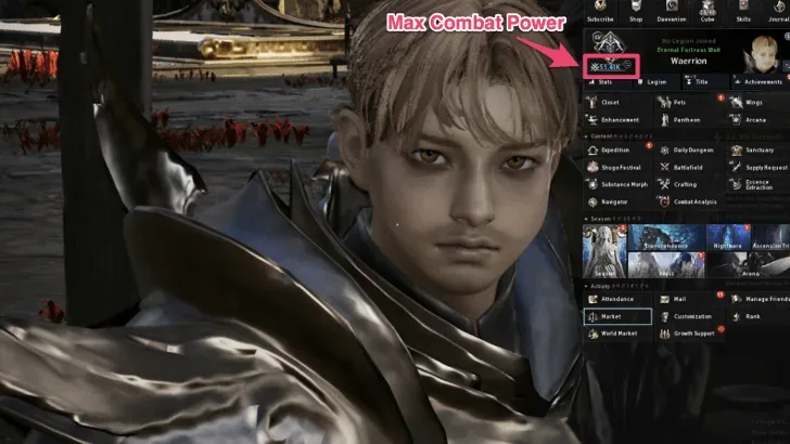 AION 2 character menu with the Max Combat Power value highlighted