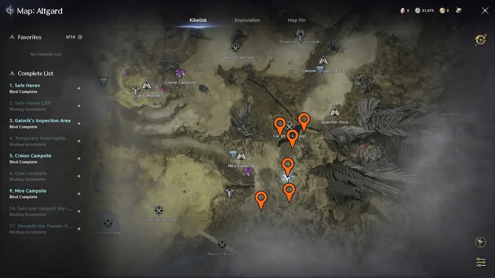 AION 2 Altgard map with Ruby gathering markers around Calderon Canyon and Mire Campsite