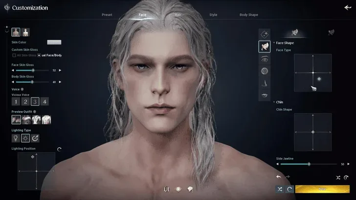 AION 2 face customization screen showing face-shape and chin controls